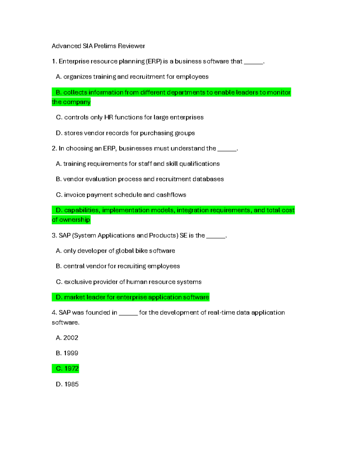 Advanced SIA Prelims Reviewer 1: ERP Concepts and Applications - Studocu