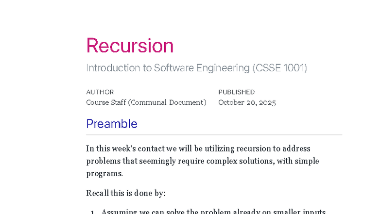Recursion - Lecture Notes for Software Engineering (CSSE 1001) - Studocu