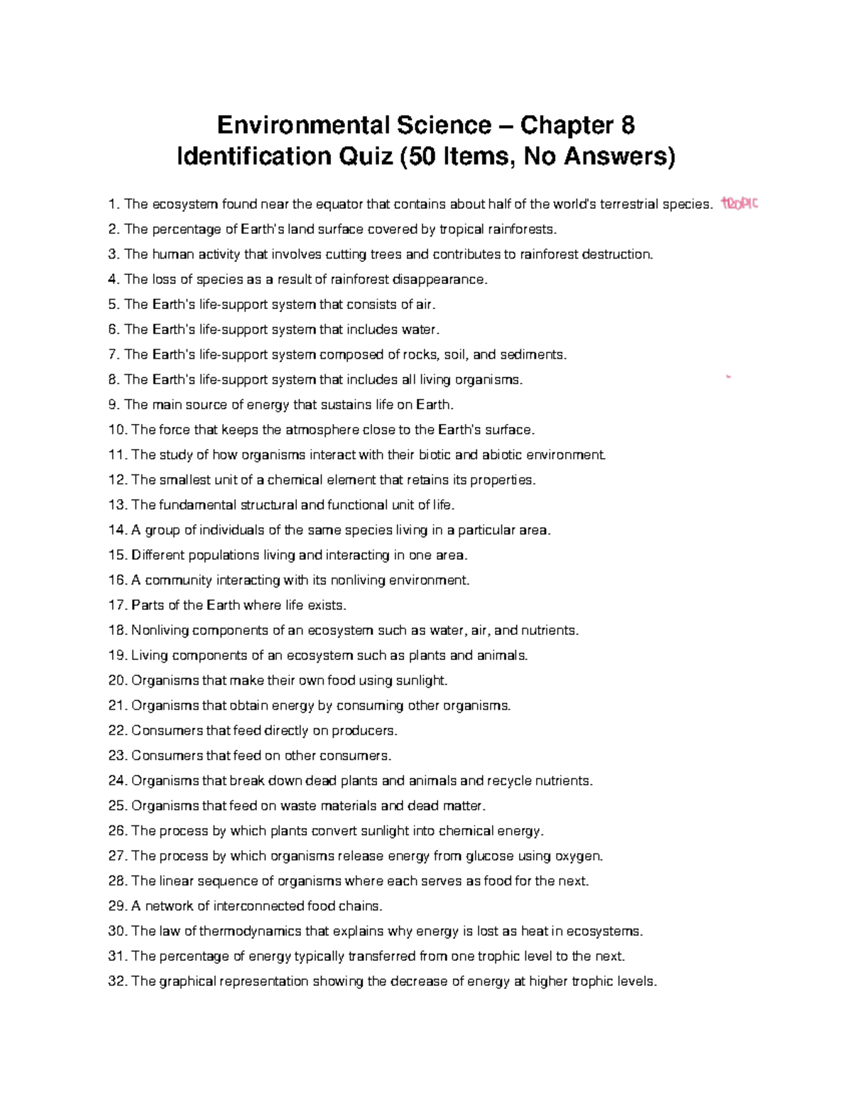 Environmental Science CH8 Identification Quiz (50 Items, No Answers ...
