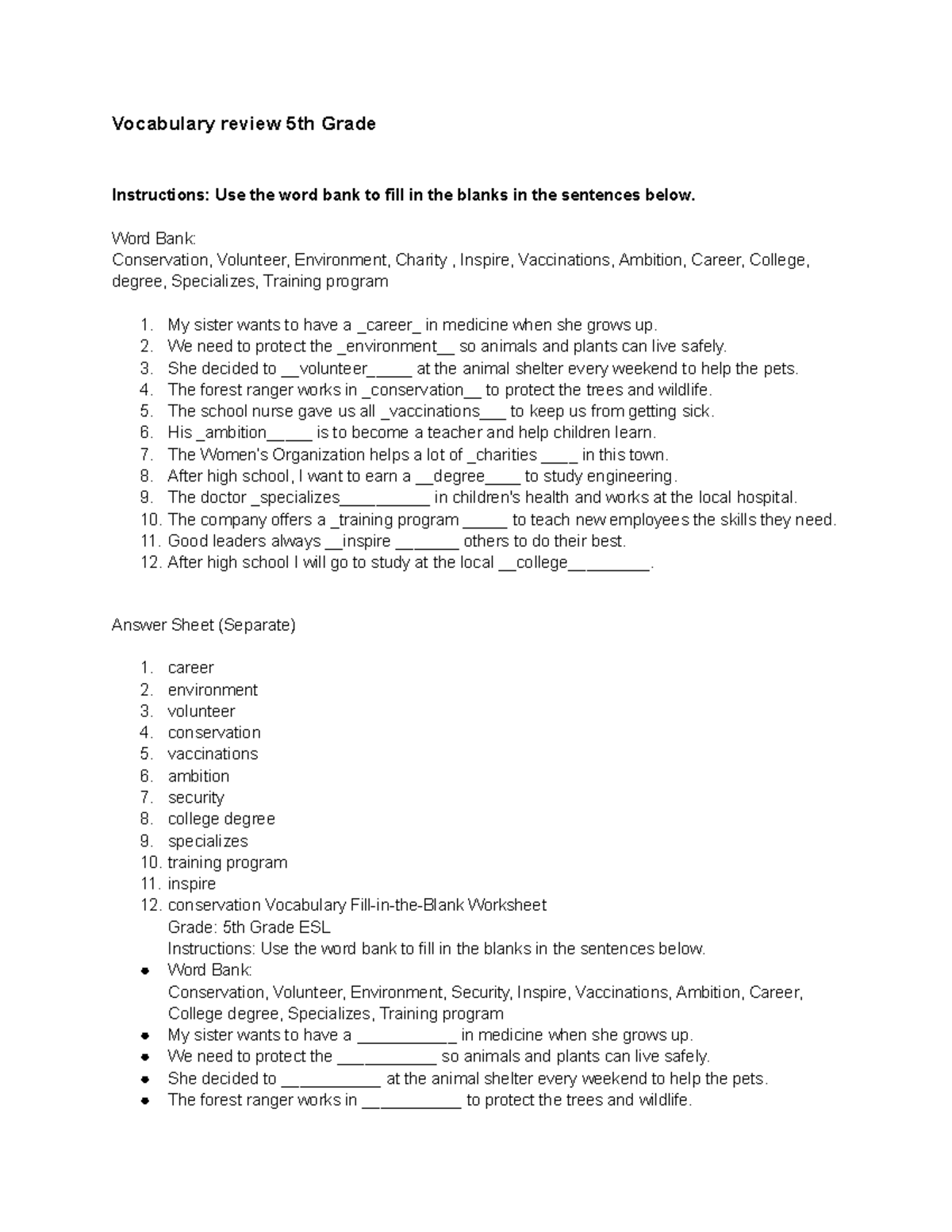 5th Grade Vocabulary Review: Fill in the Blanks Exercise - Studocu