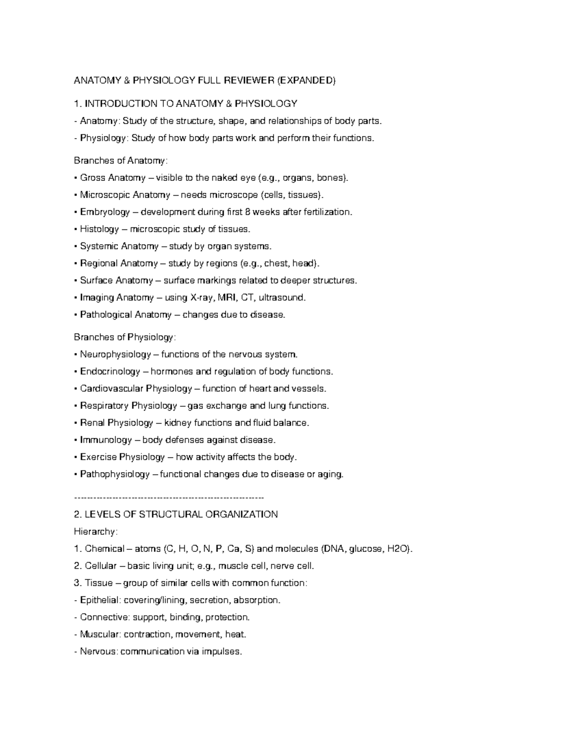 ANAT 101 FULL REVIEWER: ANATOMY & PHYSIOLOGY OVERVIEW - Studocu