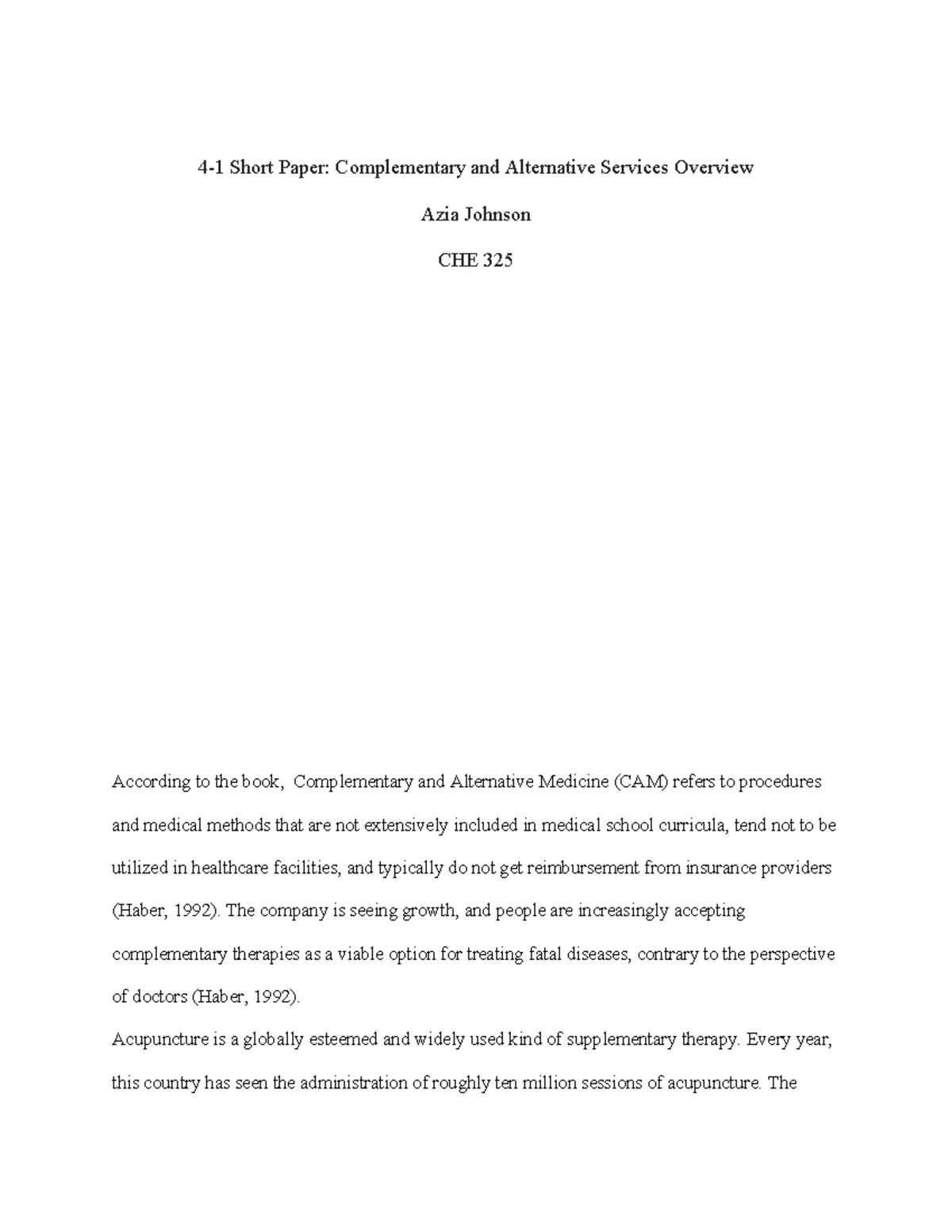 CHE 325 Short Paper on Complementary and Alternative Services - Studocu