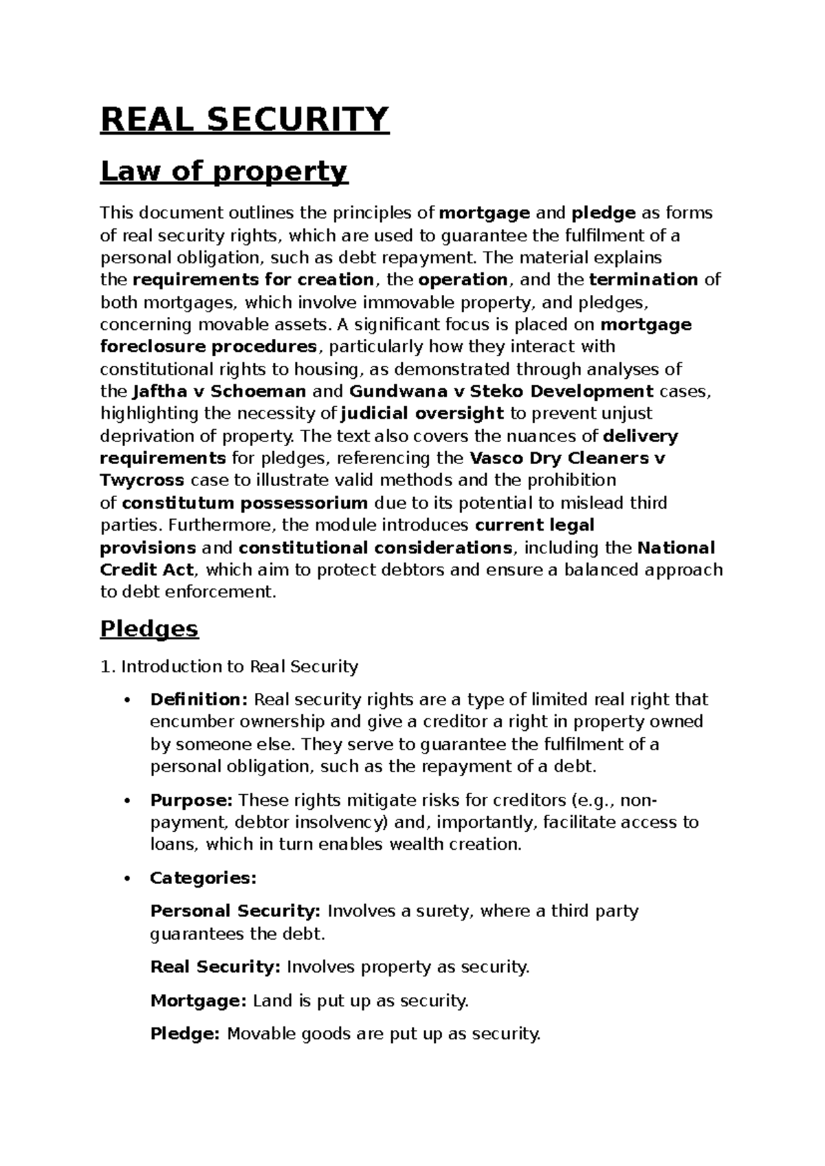 Real Security: Principles of Mortgage and Pledge in Property Law - Studocu