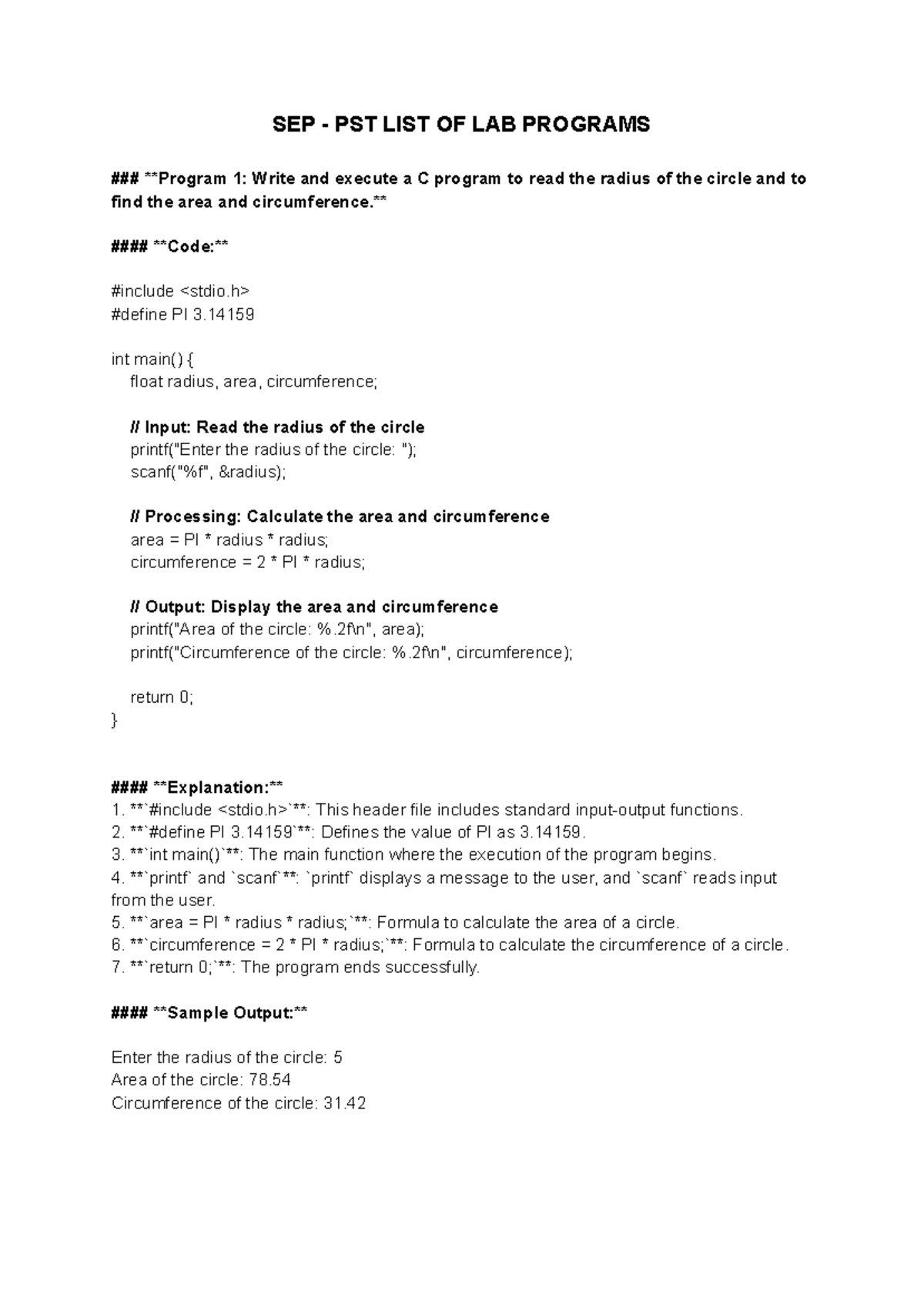SEP - PST LAB Programs: C Coding Examples and Explanations - Studocu