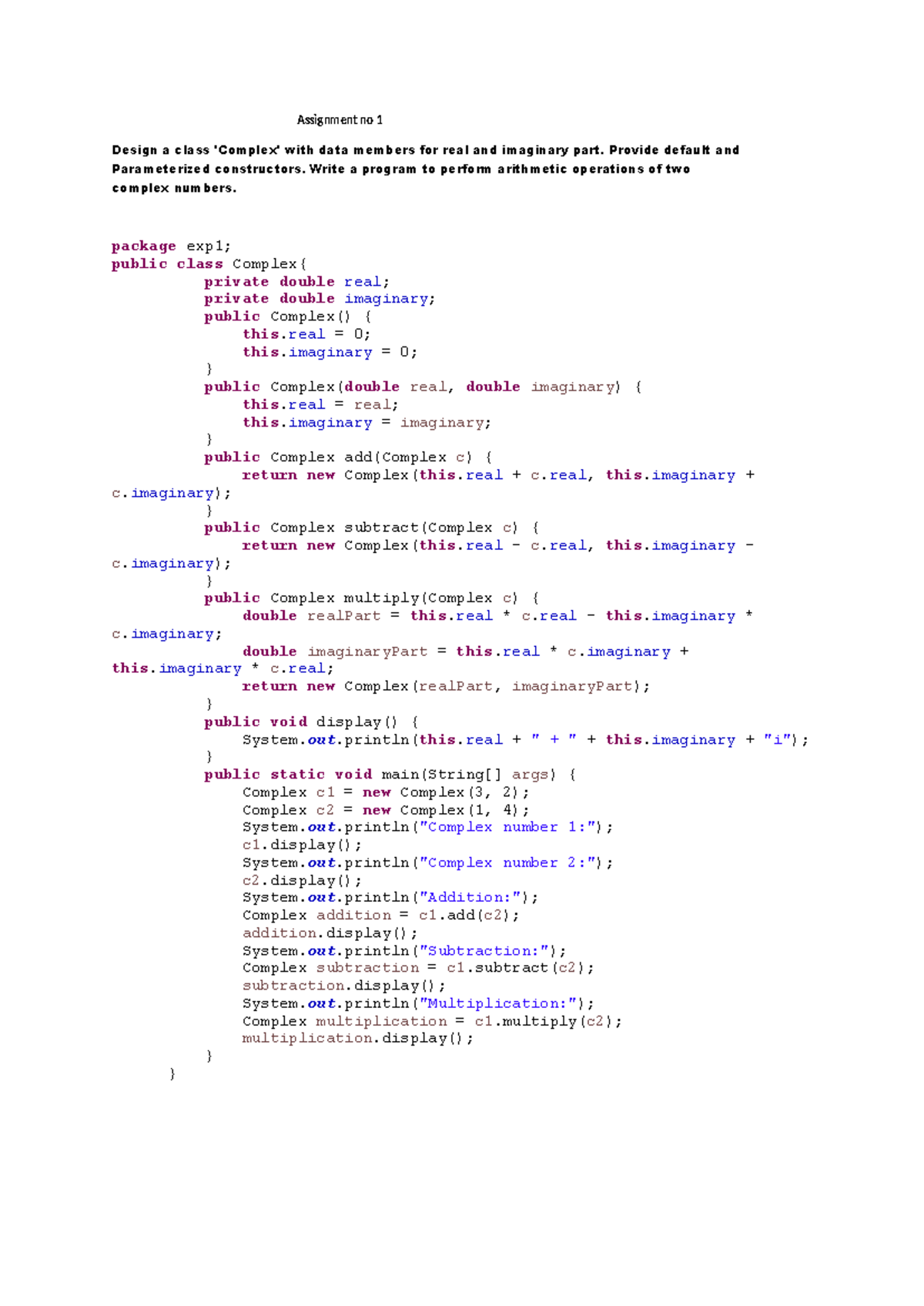 Assignment 1: Class Design for Complex Numbers Operations - Studocu