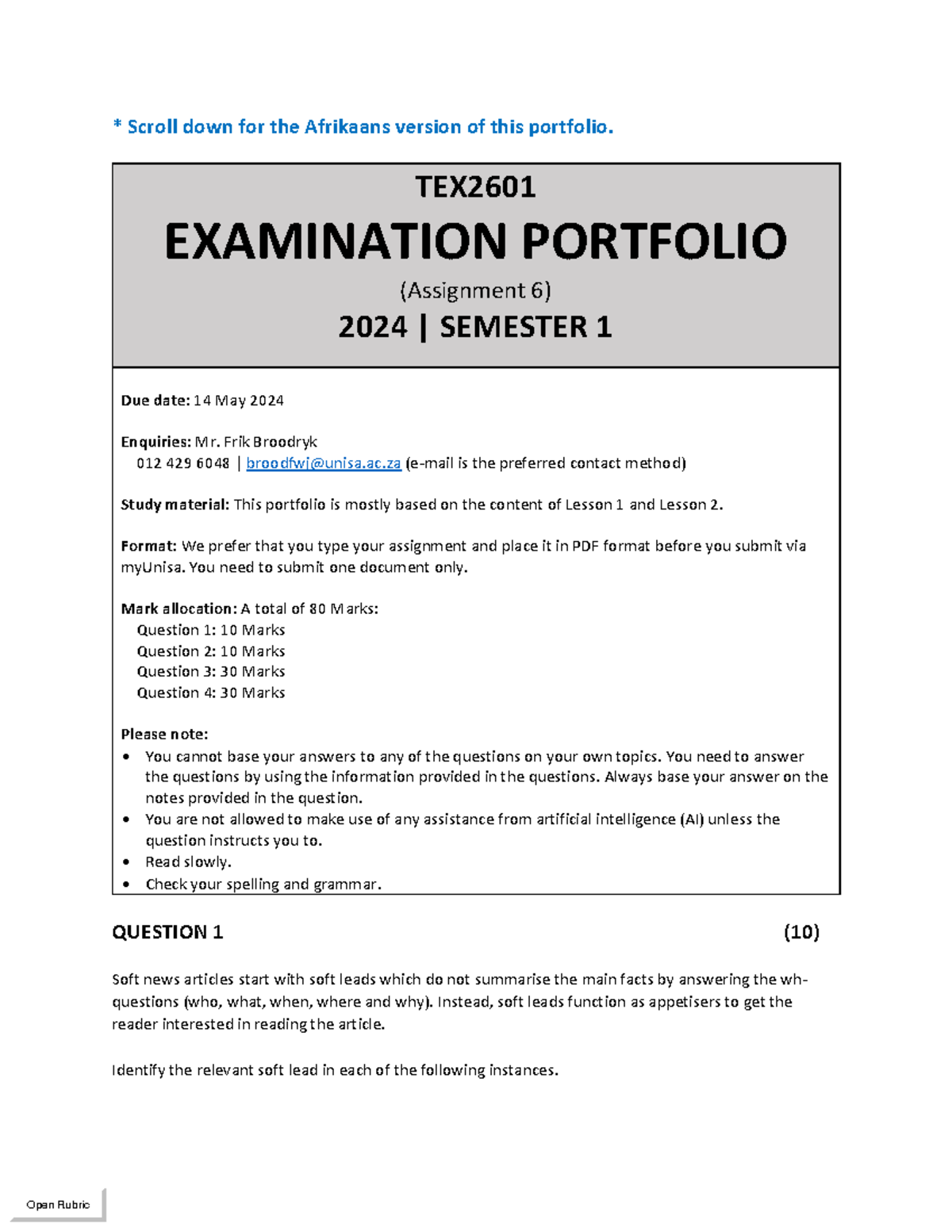 TEX2601: 2024 S1 Examination Portfolio Guidelines and Questions - Studocu