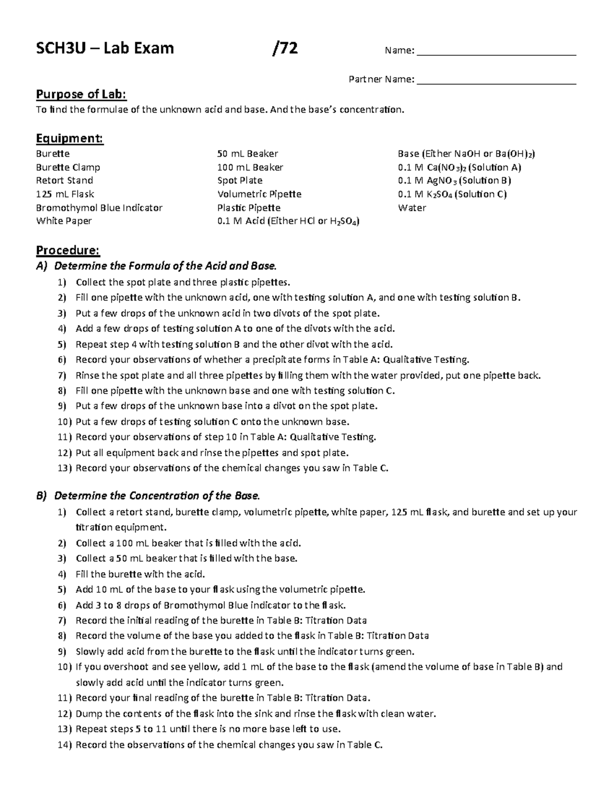 SCH3U - Lab Exam /72: Determining Unknown Acid & Base Concentrations ...