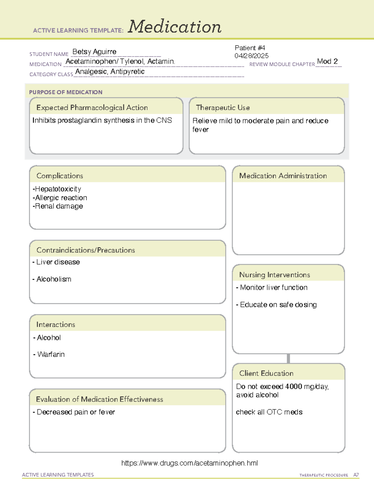 Tylenol ATI template - ACTIVE LEARNING TEMPLATES THERAPEUTIC PROCEDURE ...