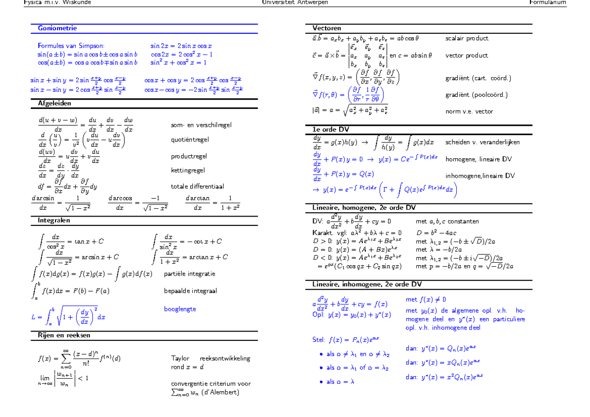 Fysica m.i.v. Wiskunde Universiteit Antwerpen: Formules en Concepten ...