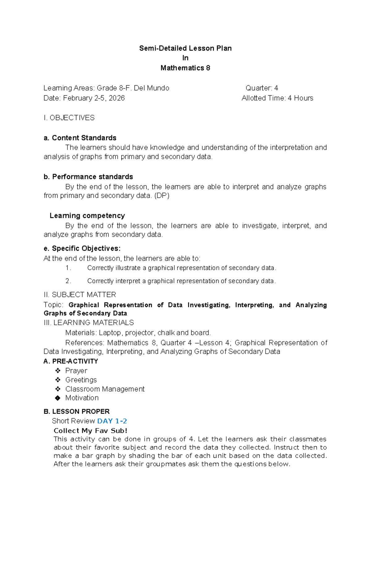 Mathematics 8 Lesson Plan: Graphical Representation of Data (Q4) - Studocu
