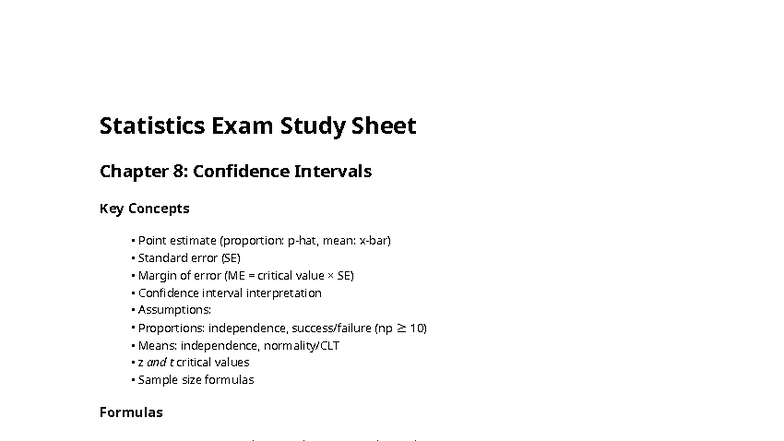 Statistics Exam Study Sheet: Ch 8 & 9 Confidence Intervals & Hypothesis ...