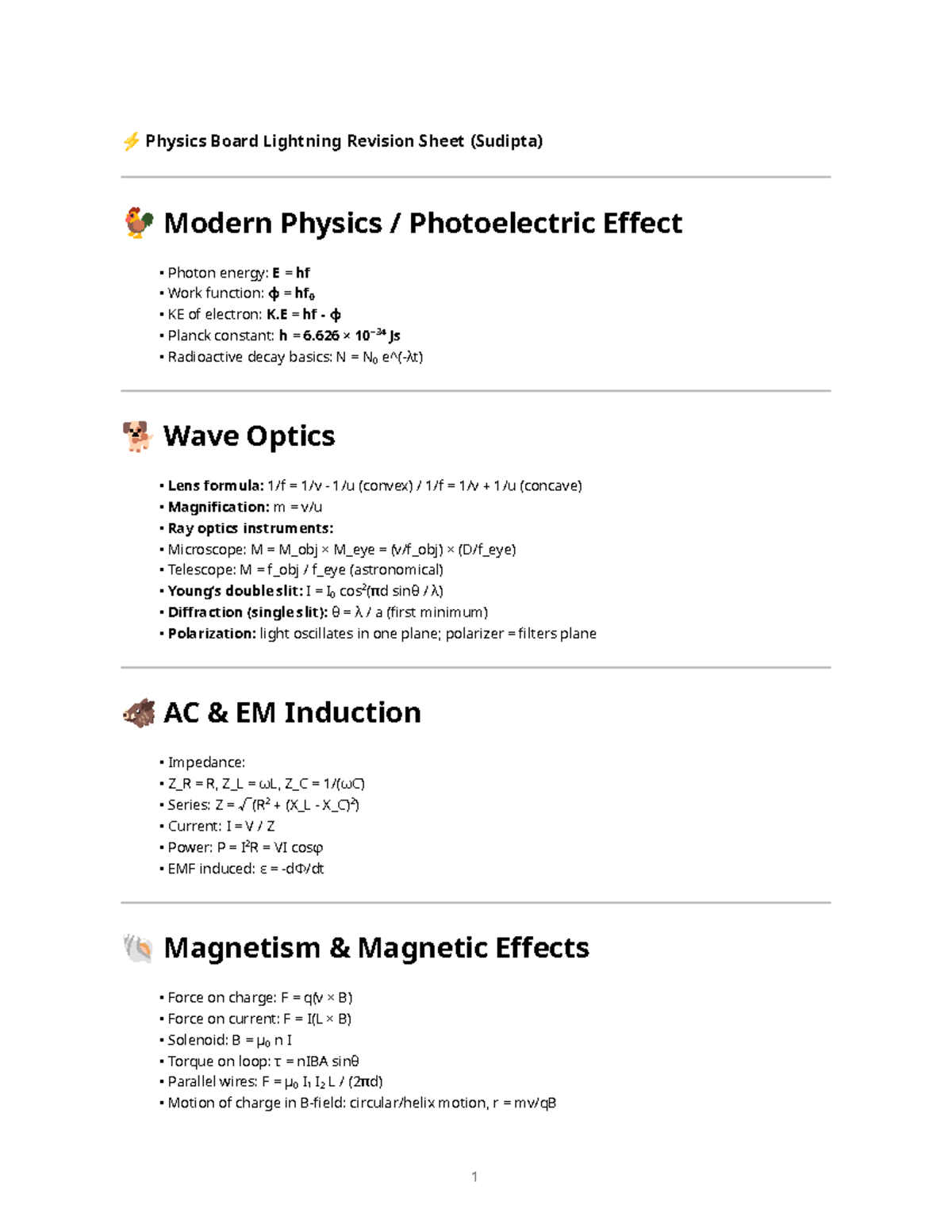 Physics Cheatsheet: Board Lightning Revision Sheet (Sudipta) - Studocu