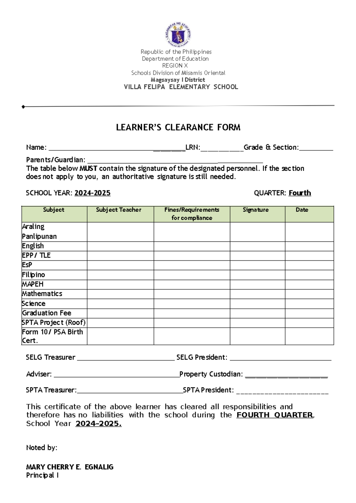 Grade 6 Clearance Form - Fourth Quarter SY 2023-2024 - Studocu
