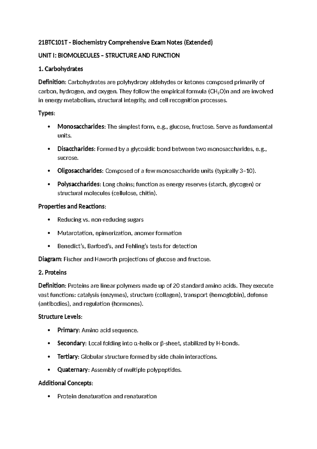 21BTC101T Biochemistry Comprehensive Exam Notes Summary (Extended ...