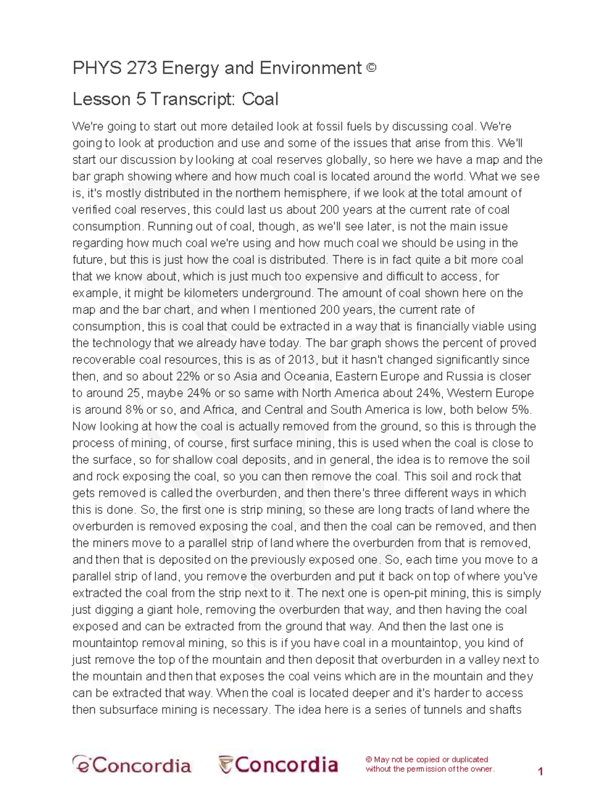 PHYS 273 Final Exam: Lesson 5 Transcript on Coal Mining & Its Impact ...