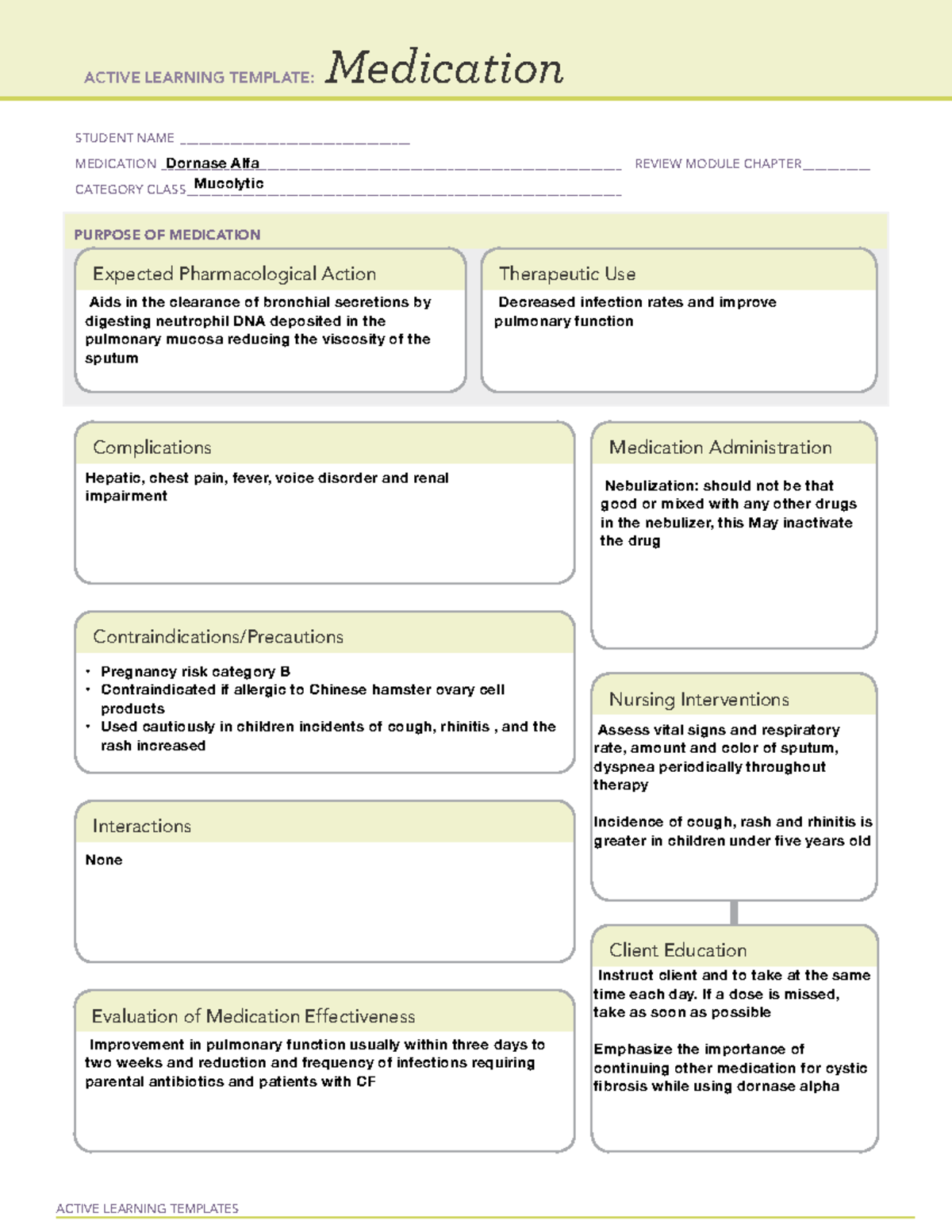 Dornase Alfa Medication Overview: Active Learning Template - Studocu
