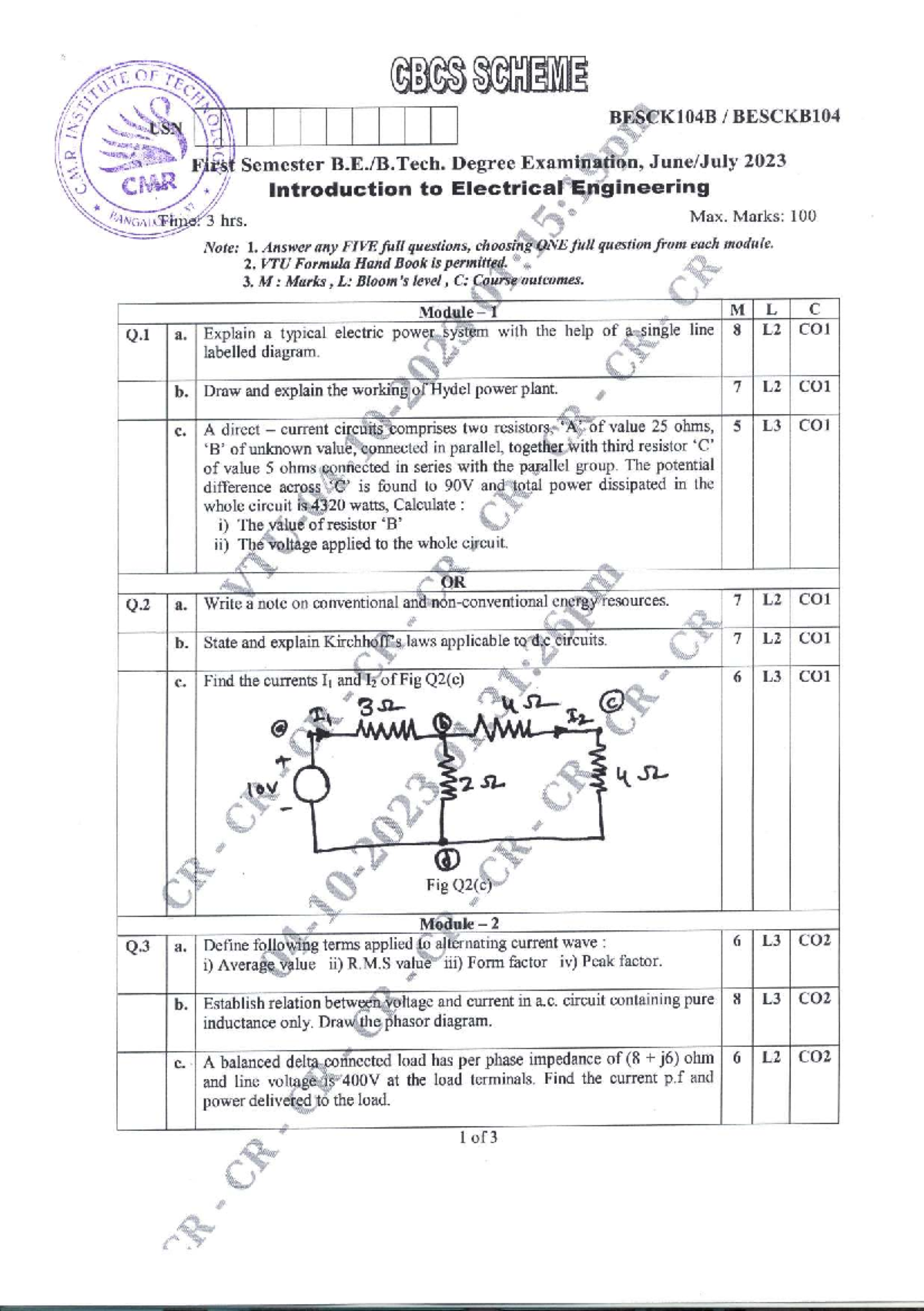 BESCK104B CMR Introduction to Electrical Engineering Final Exam Paper ...
