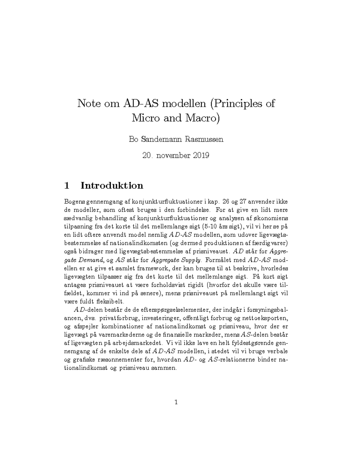 Note AD-AS - Opsummering af AD/AS model - Note om AD-AS modellen ...