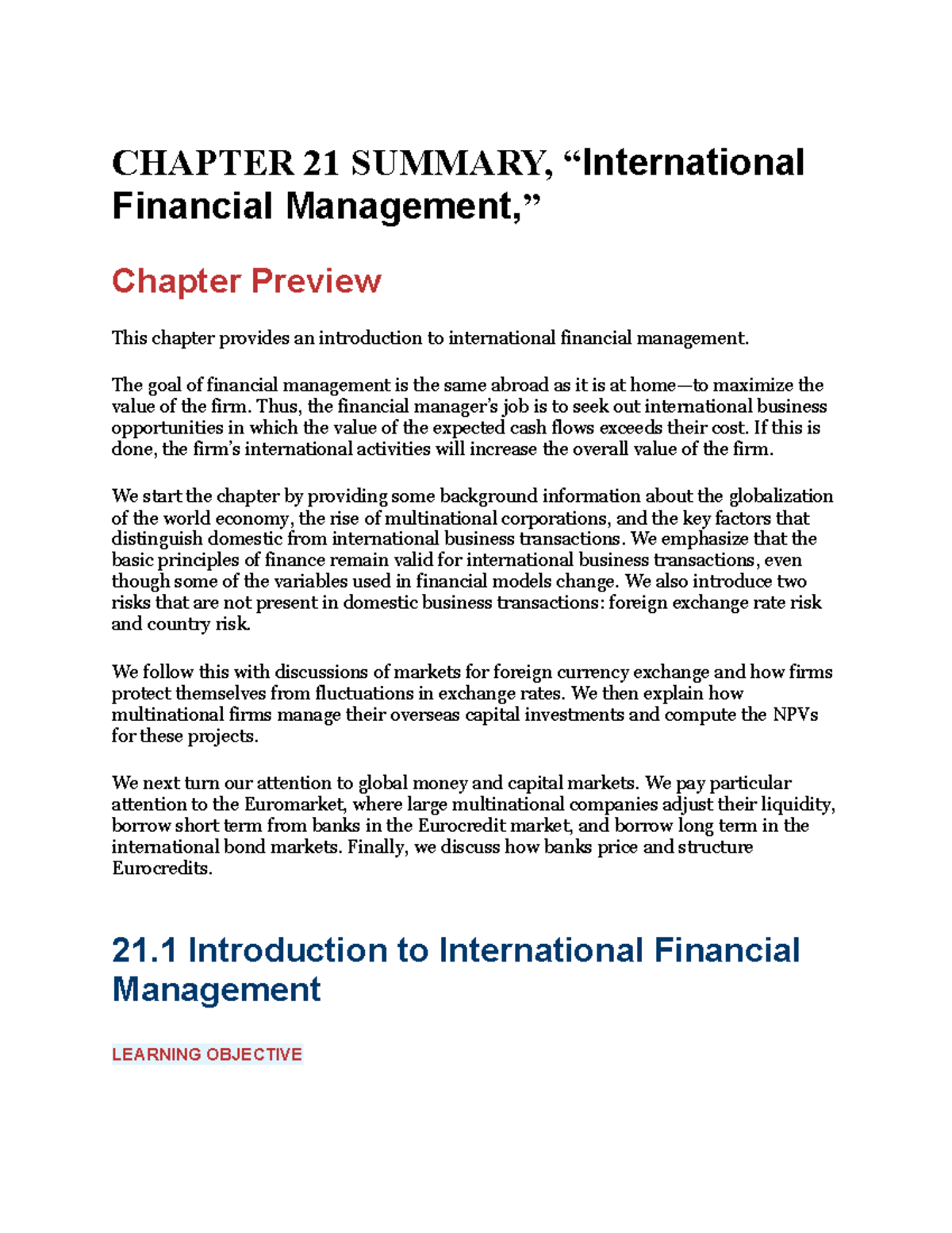 MT480 Chapter 21 Summary - CHAPTER 21 SUMMARY, “International Financial ...
