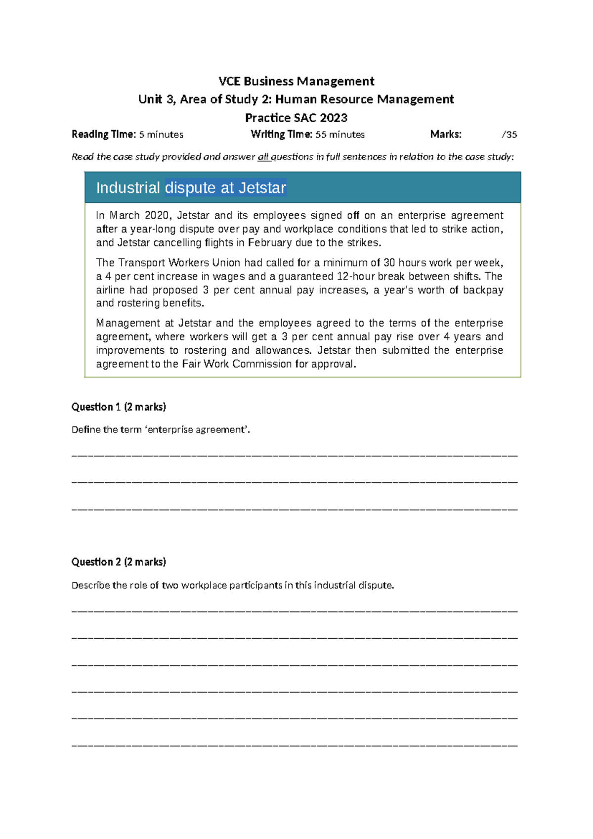 U3O2 Practice SAC 1 - Jetstar - VCE Business Management Unit 3, Area of ...