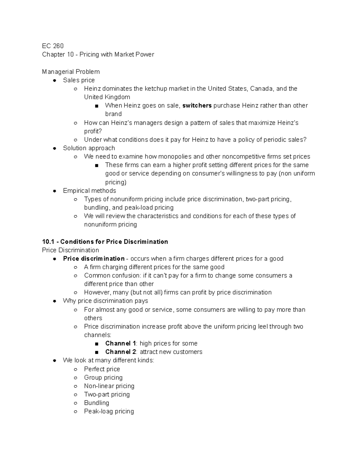 EC 260 - Chapter 10 Pricing Strategies: Power and Discrimination - Studocu