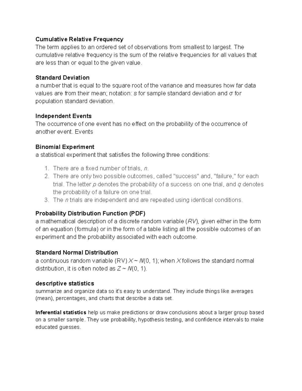 Statistics Concepts Overview and Definitions - Course Code: ST101 ...