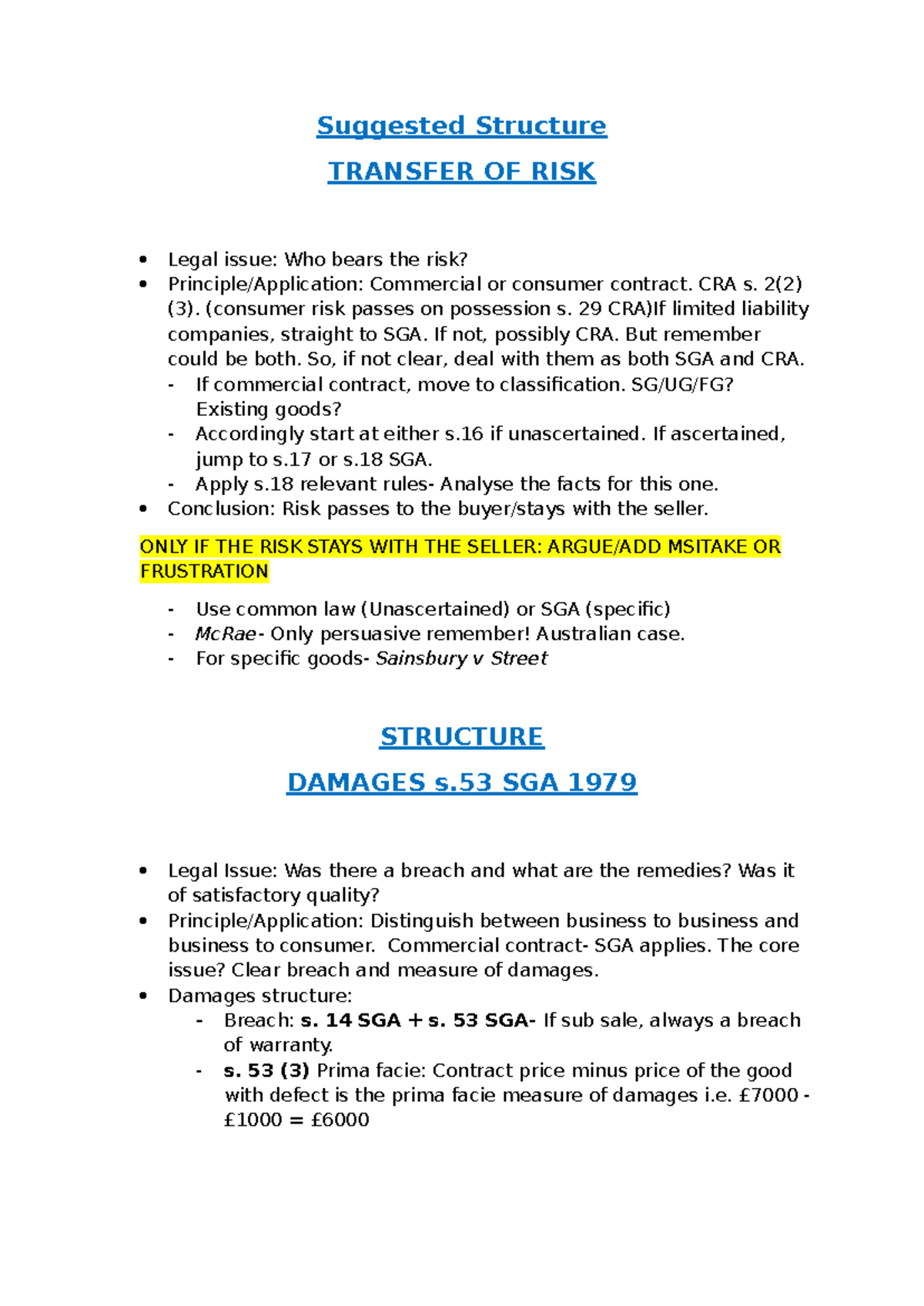 Commercial LAW Coursework Structure: Transfer of Risk & Damages ...