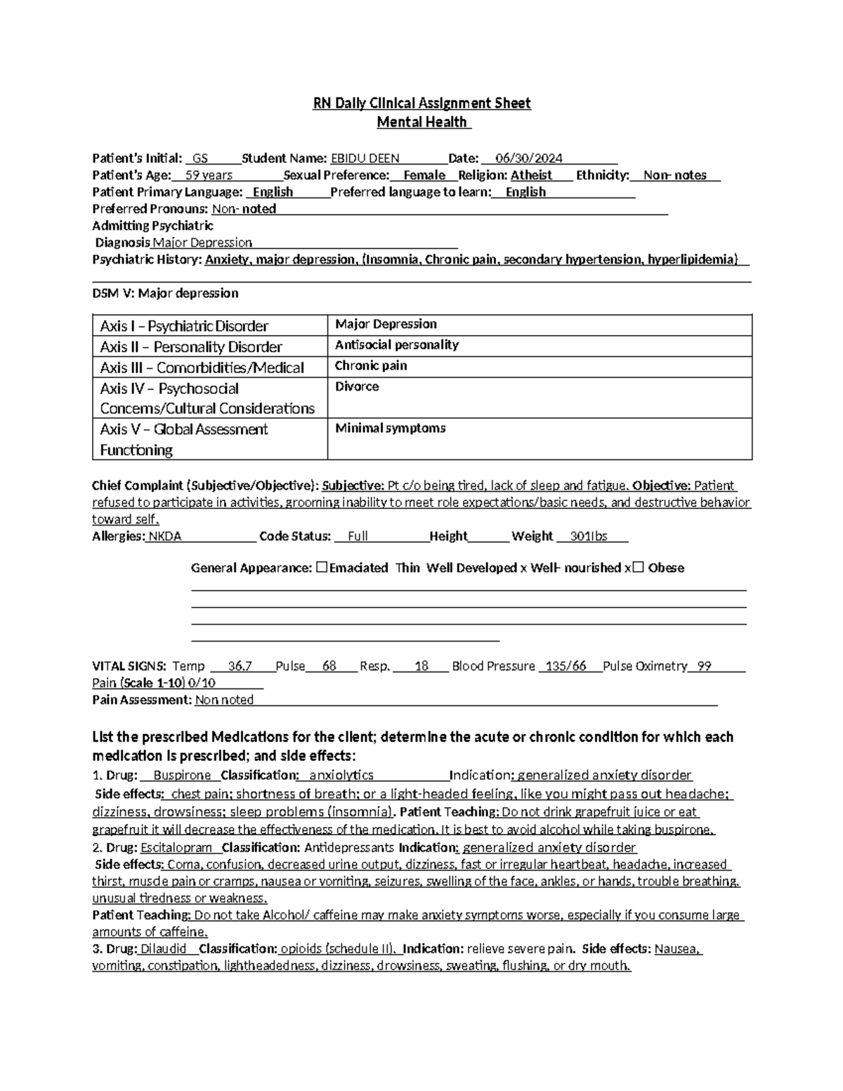RN Daily Mental Health Clinical Assignment - Patient GS (06/30/2024 ...