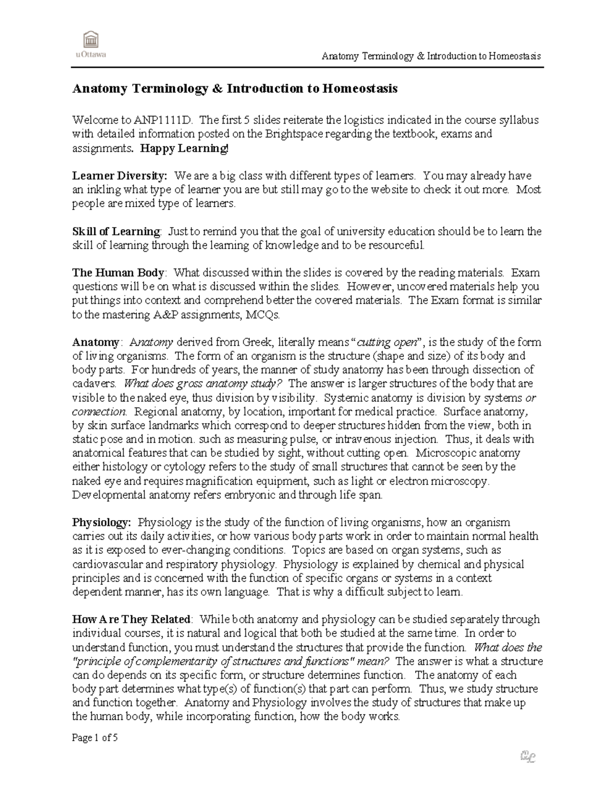 Anatomy Terminology & Homeostasis Overview - T1 AT Notes - Studocu