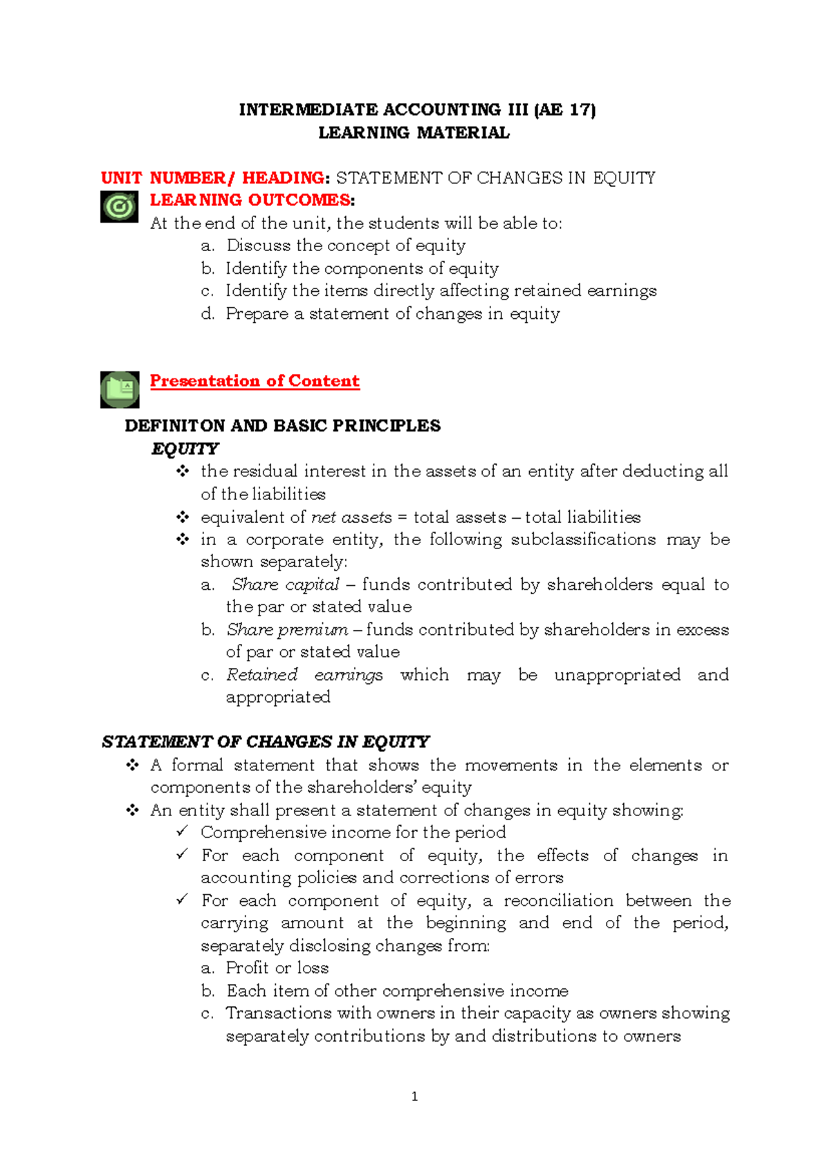Statement of Changes in Equity for Intermediate Accounting III (AE 17 ...