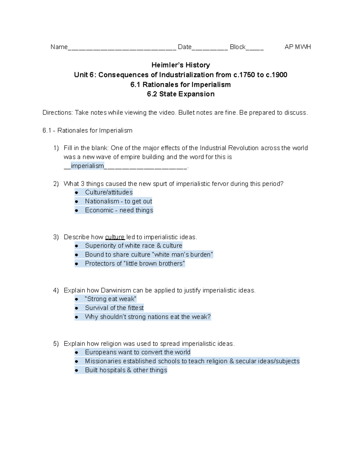 AP MWH History Unit 6: Notes on Imperialism & State Expansion - Studocu