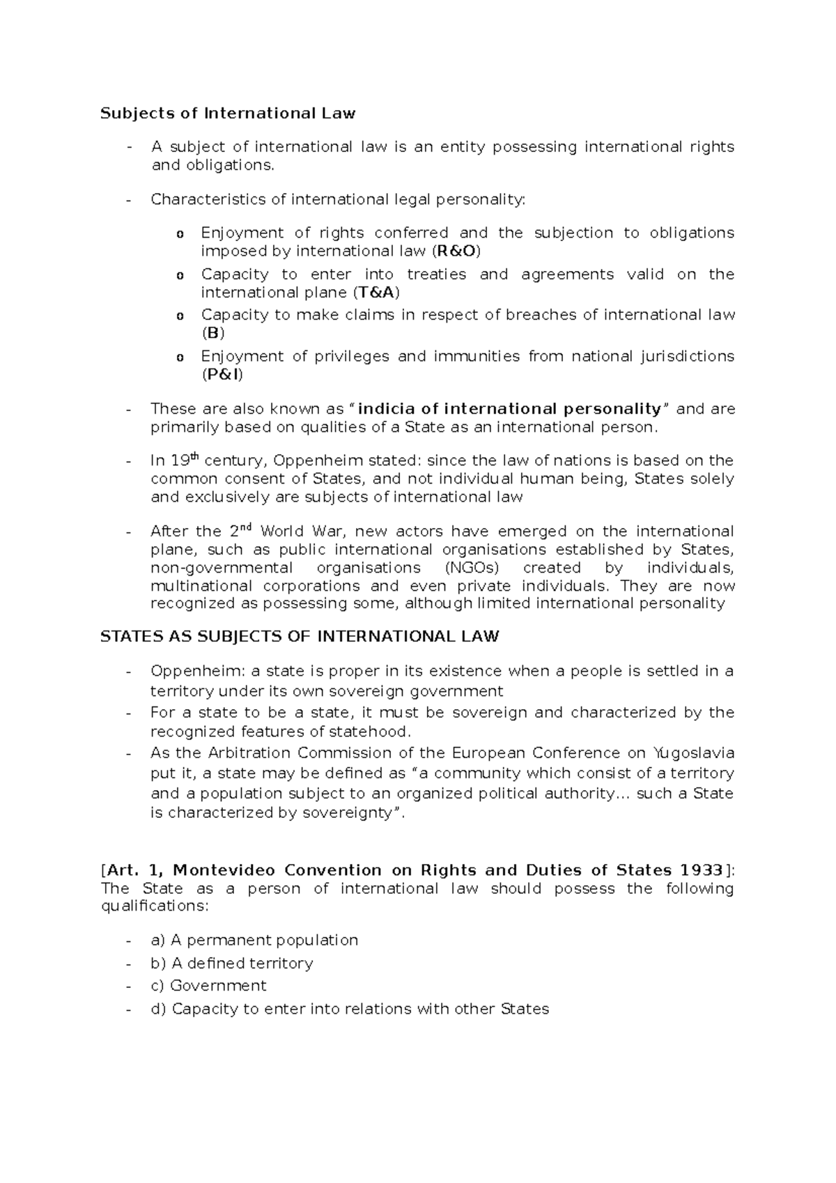 4. Lecture Notes Subjects of International Law - Subjects of ...
