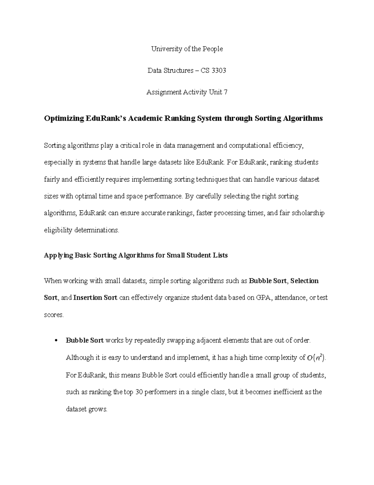 CS 3303 Data Structures Unit 7: Optimizing EduRank with Sorting ...
