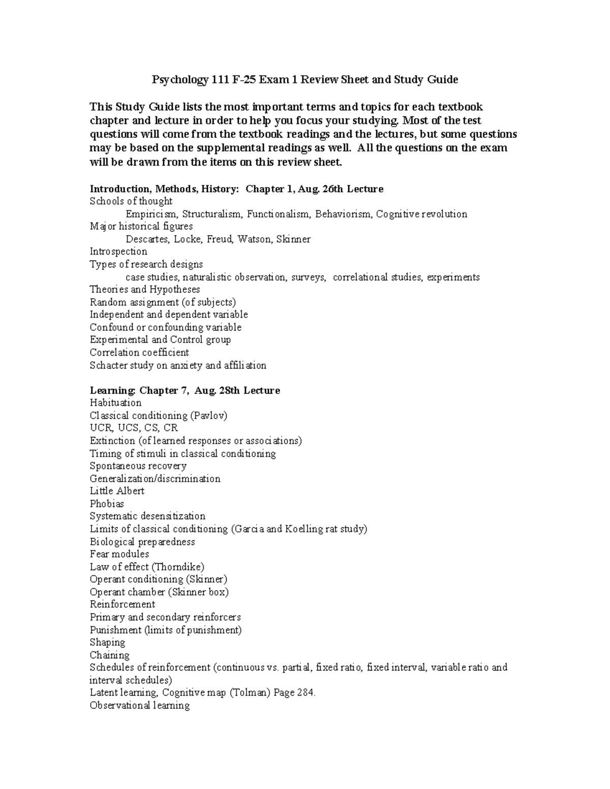 Psychology 111 F-25 Exam 1 Study Guide & Key Topics - Studocu