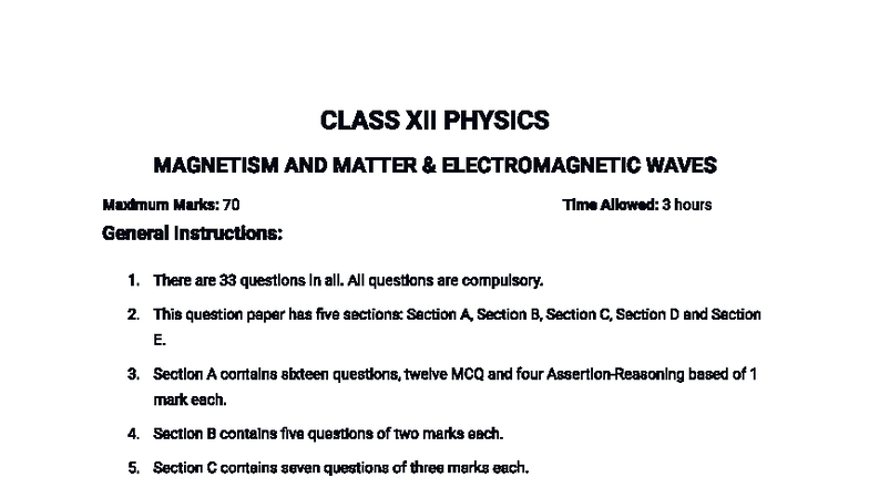 CLASS XII PHYSICS: MAGNETISM & MATTER - EMW QUESTION PAPER - Studocu