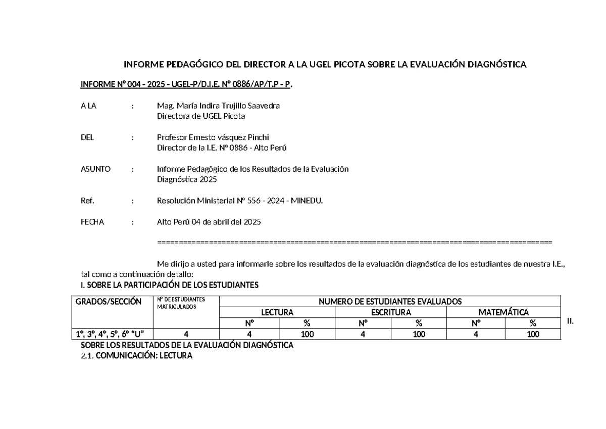 Ejemplo De Informe De Resultados De Evaluación Diagnóstica Primaria