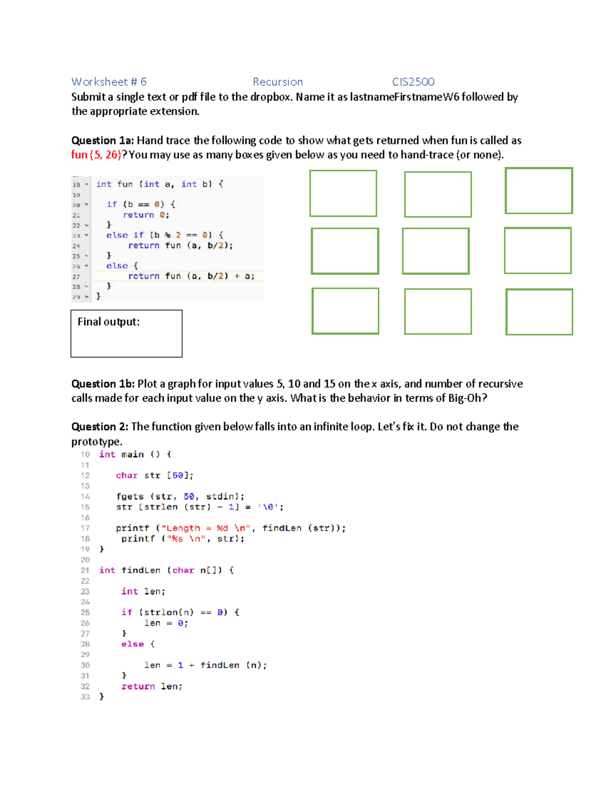 CIS2500 Worksheet 6: Recursion Practice and Code Tracing - Studocu