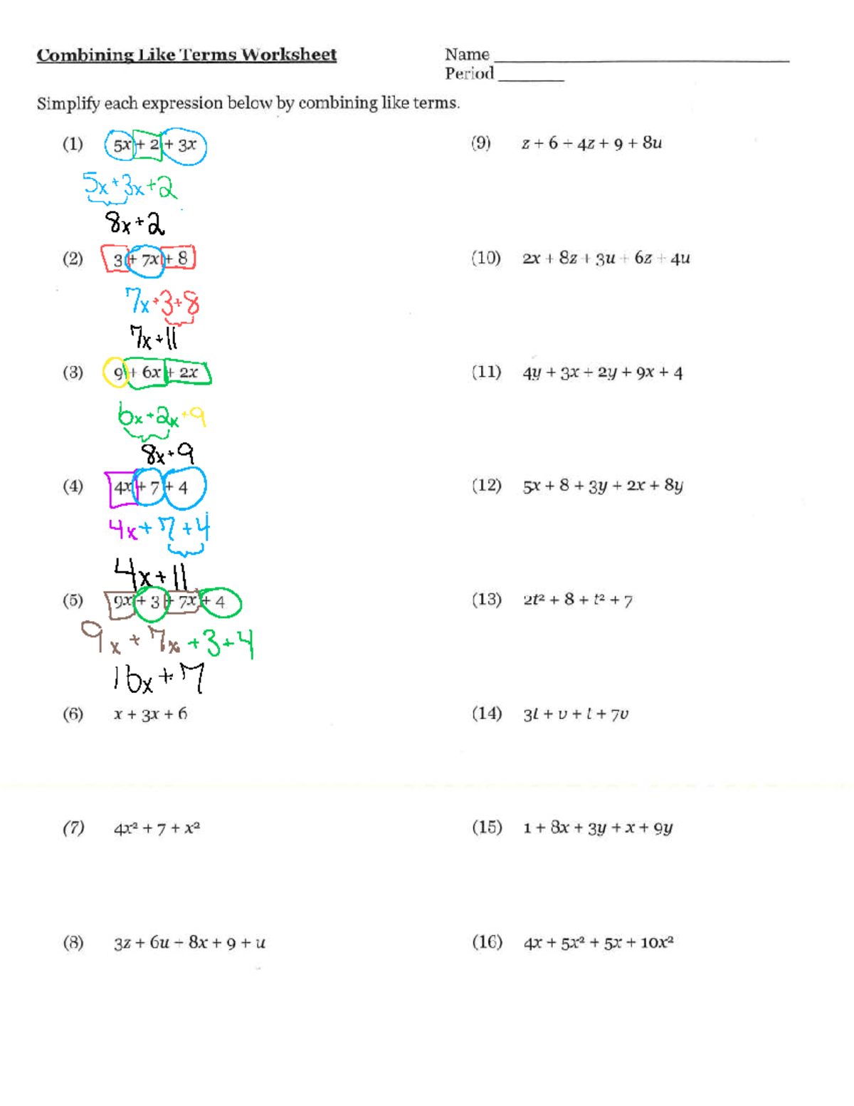 3. Combining Like Terms Worksheet (Due Sept 29) - Studocu