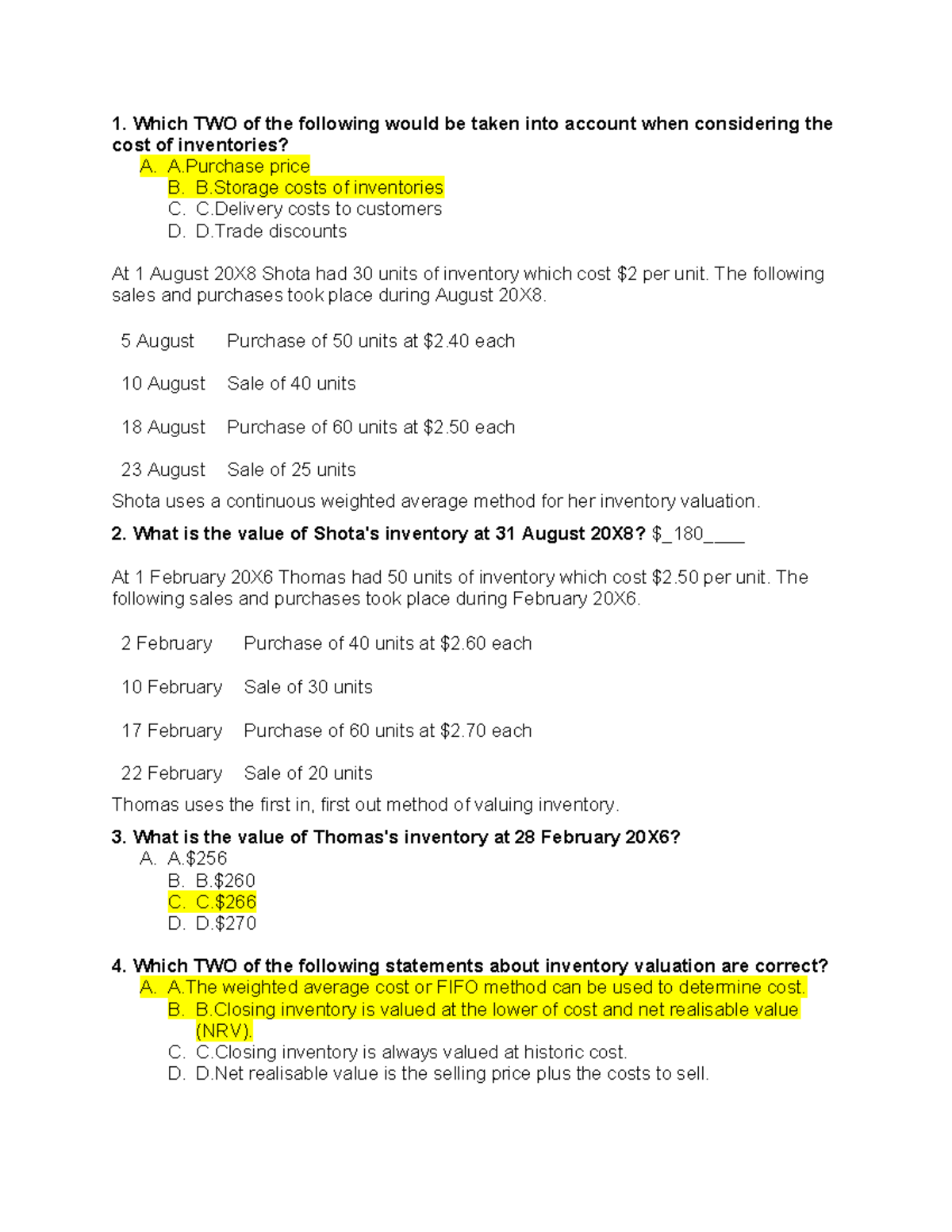 Inventories Exercise: Valuation Methods and Adjustments - Studocu