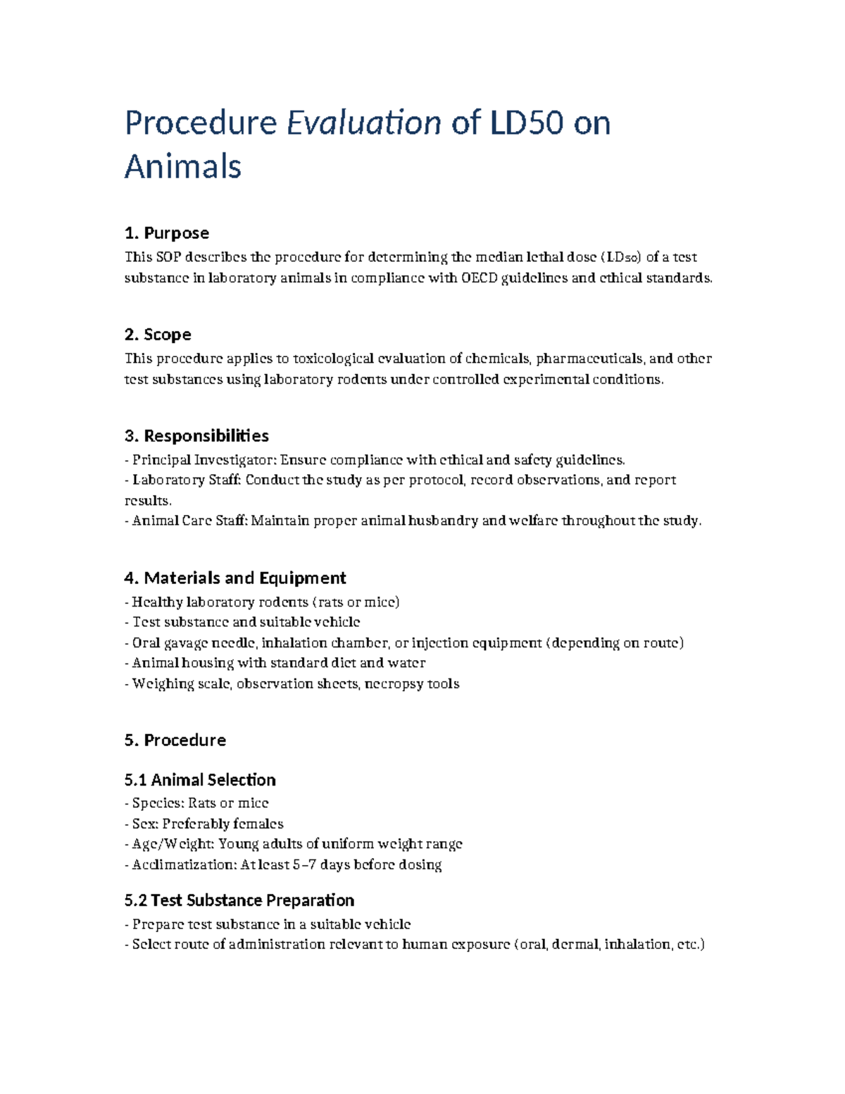 SOP LD50 Evaluation Procedure for Animal Testing - Studocu