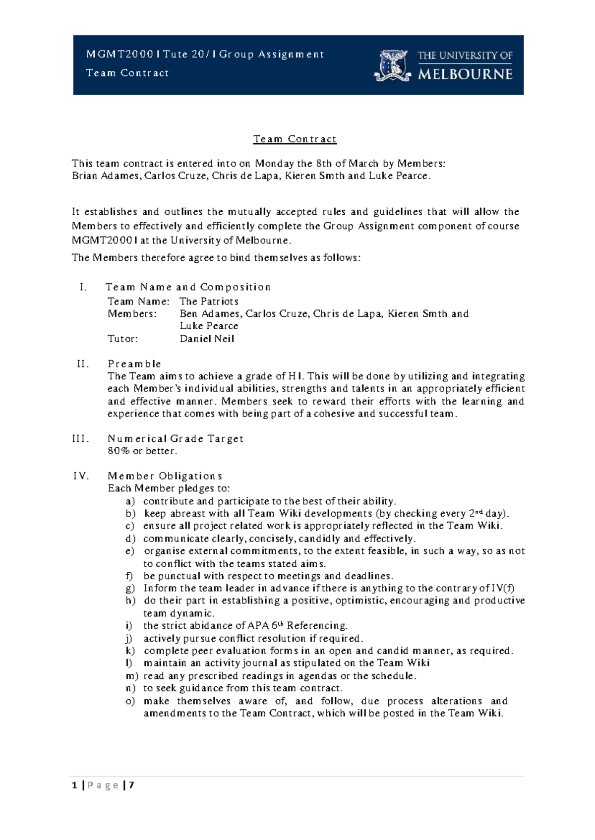 B-1 Team Contract for Group Assignment at University of Melbourne - Studocu