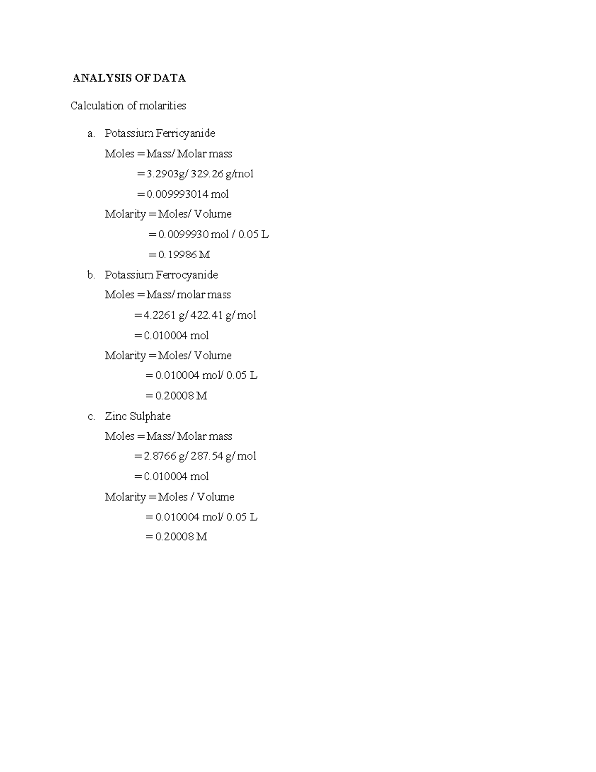 Lab Report: Analysis of Molarities and Cell Potential (CHEM 101) - Studocu