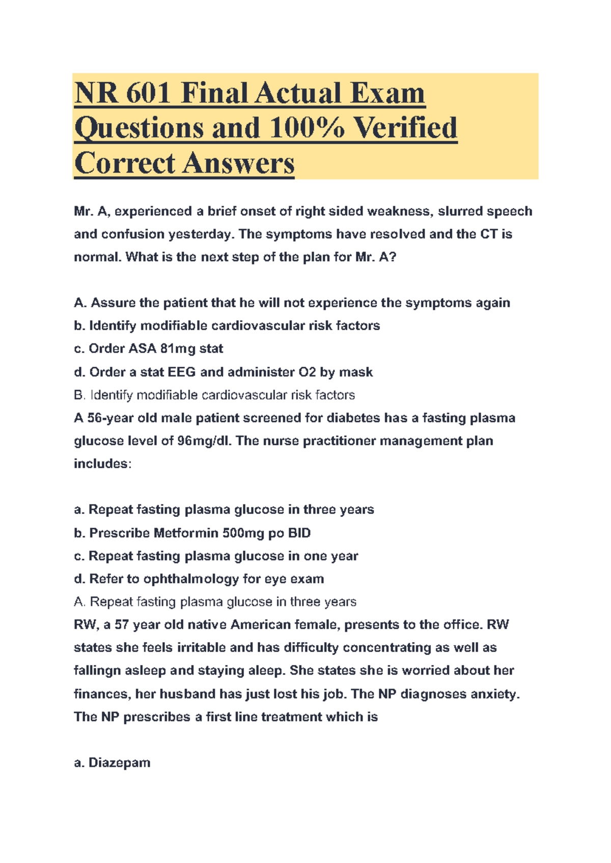 NR 601 Final Exam Questions & Verified Answers for Clinical Practice ...