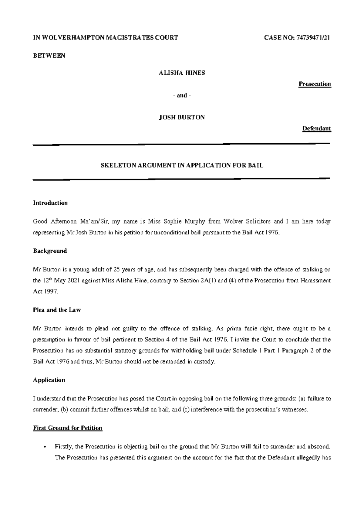Advocacy - Bail Hearing Skeleton Argument for Case No: Wolverhampton ...
