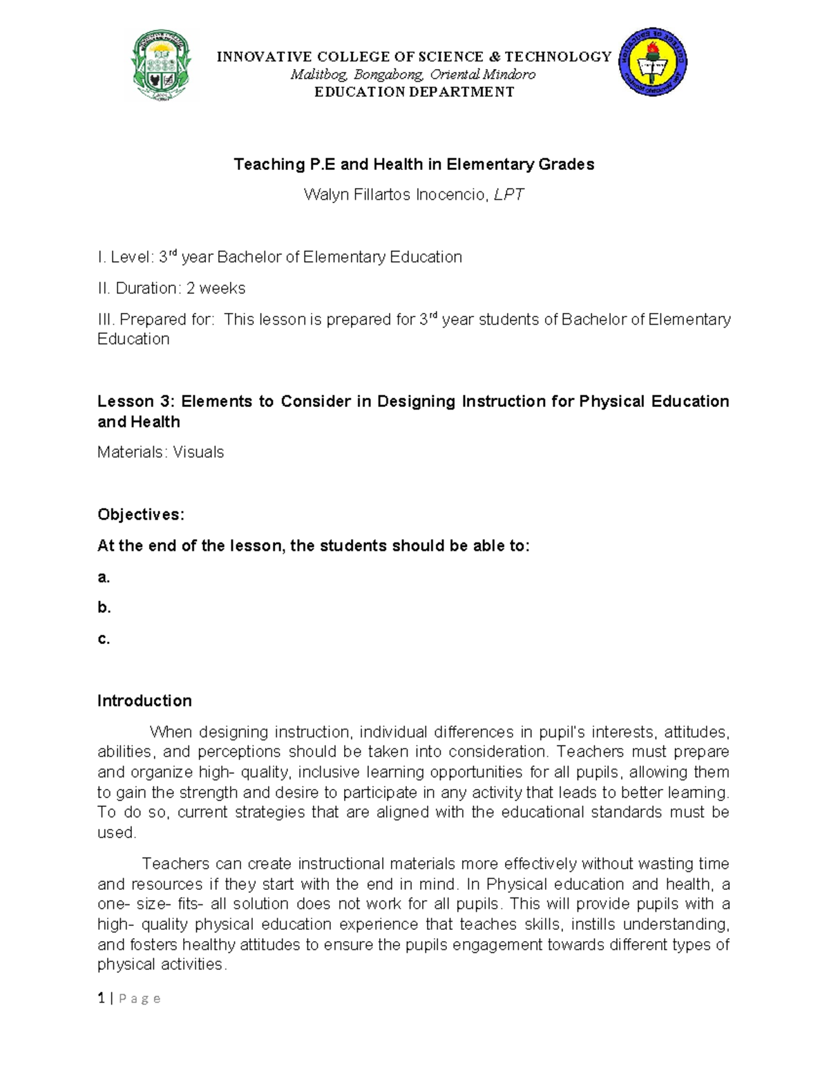 EDUC 061328: Designing Instruction for P.E. & Health in Elementary ...