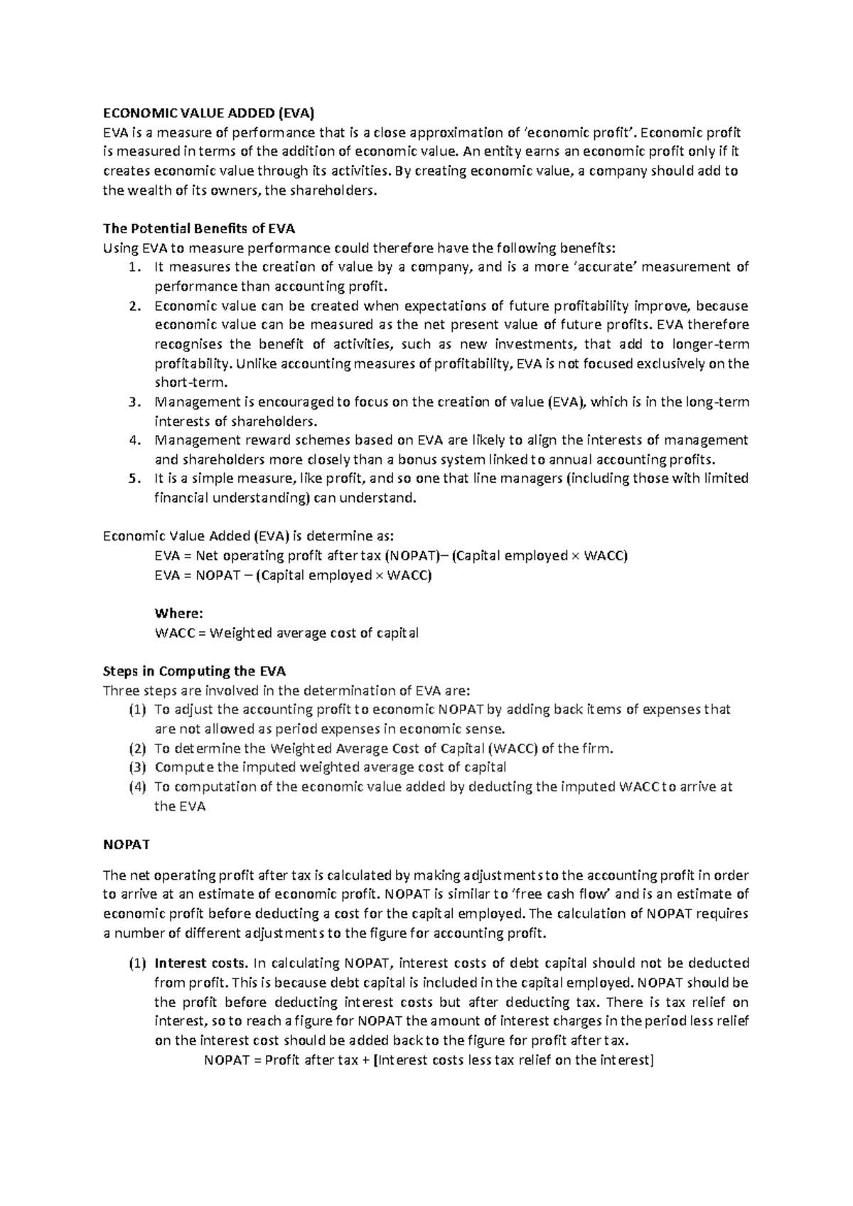 1. Economic Value Added - ECONOMIC VALUE ADDED (EVA) EVA is a measure ...