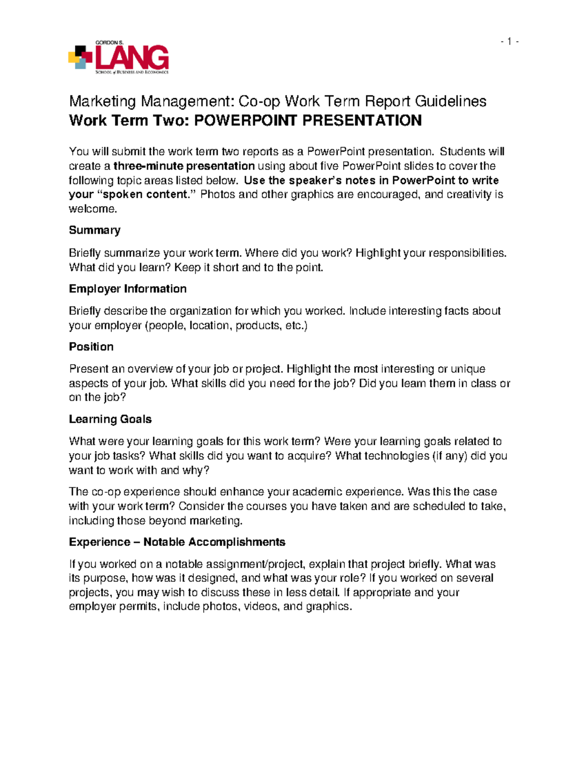 Marketing Management Co-op PPT Report Guidelines for Work Term 2 - Studocu