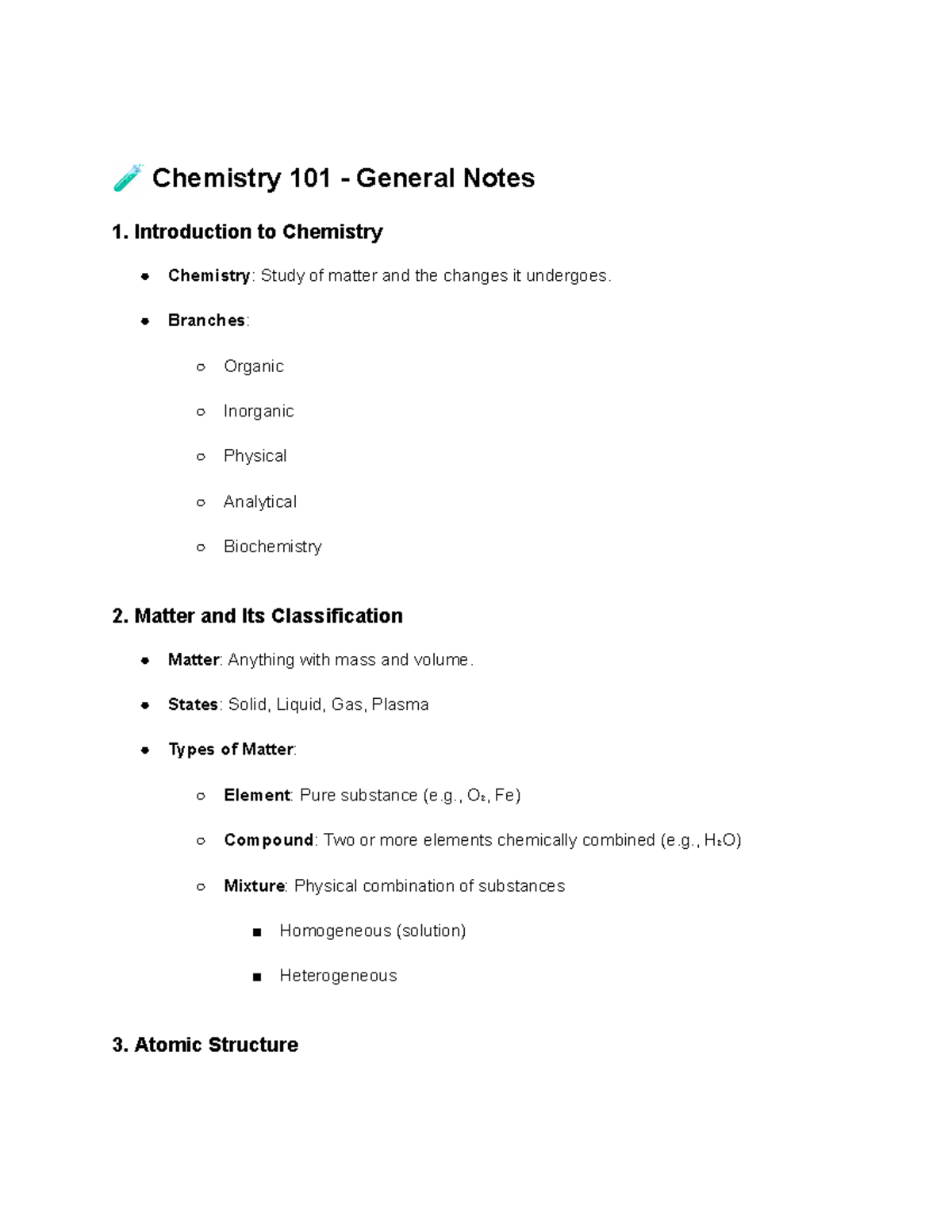 Chemistry 101 - General Notes: Introduction to Key Concepts - Studocu