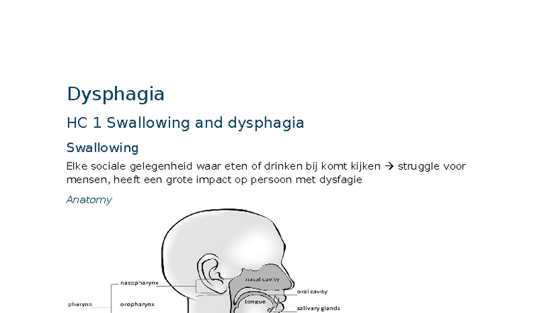 Dysphagia HC 1: Overview of Swallowing Mechanics and Implications - Studocu