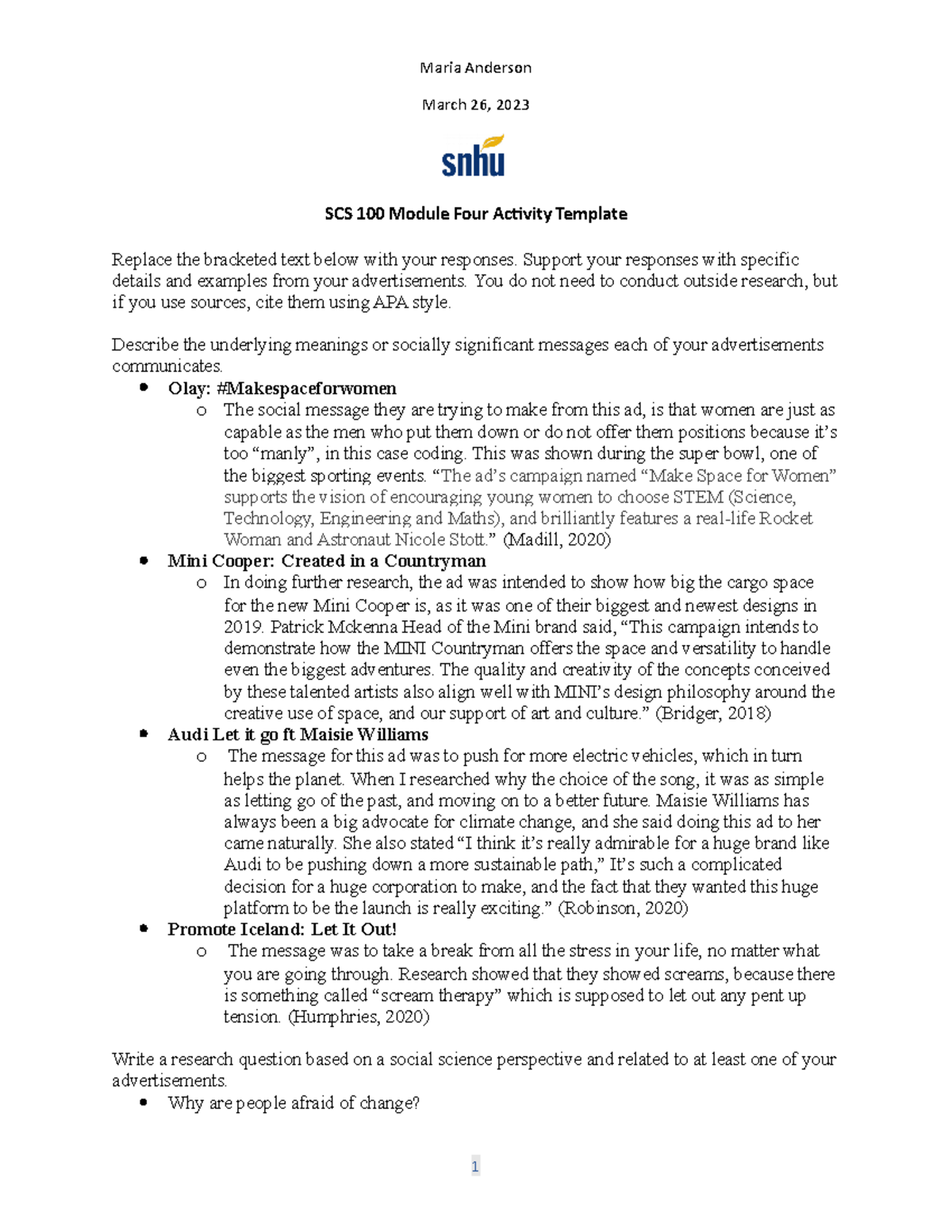 SCS 100 Module Four Activity: Analyzing Advertisements' Social Messages ...
